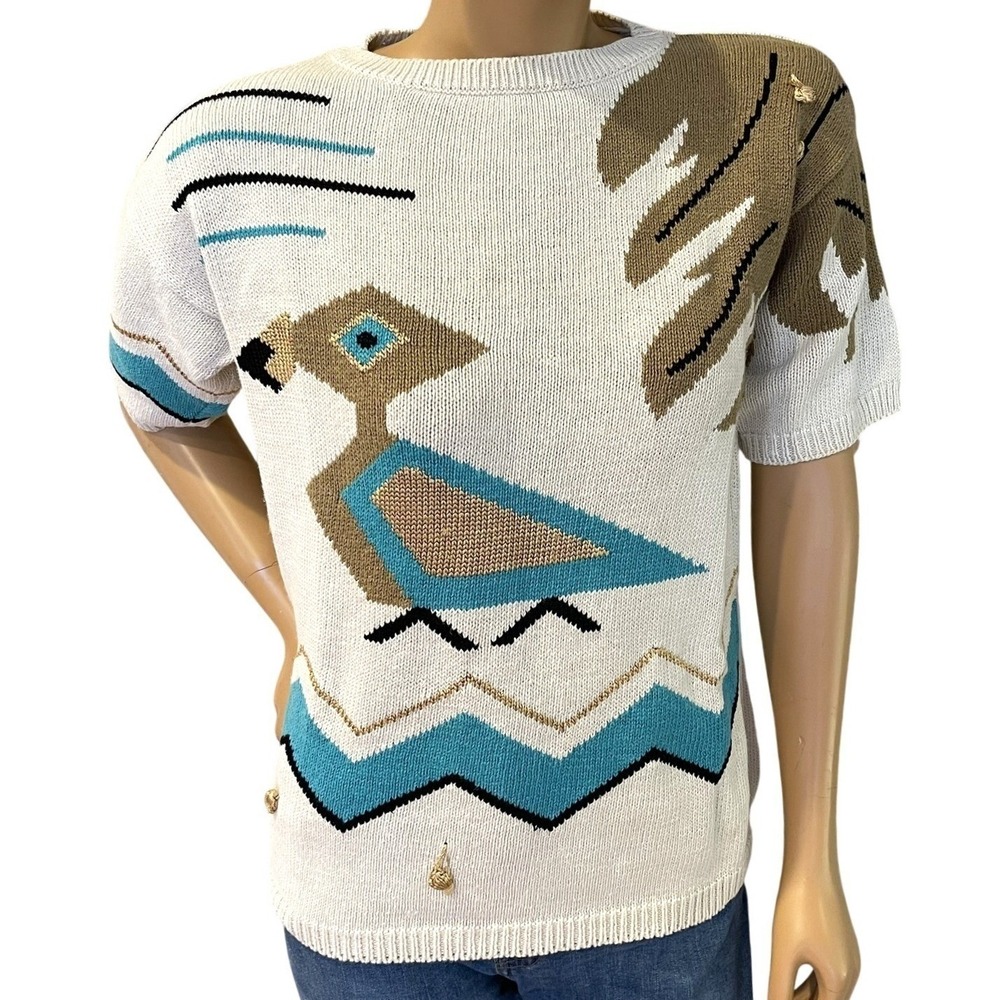 Campus Casuals Cream Knit Bird Sweater M Vintage 70s Short Sleeve